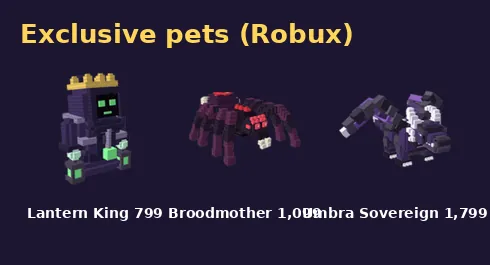 Store icons of the Exclusive Lantern King, Broodmother and Umbra Sovereign pets