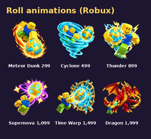 Store icons of the six roll animations: Meteor Dunk, Cyclone Spin, Thunder Strike, Supernova, Time Warp and Dragon Summon