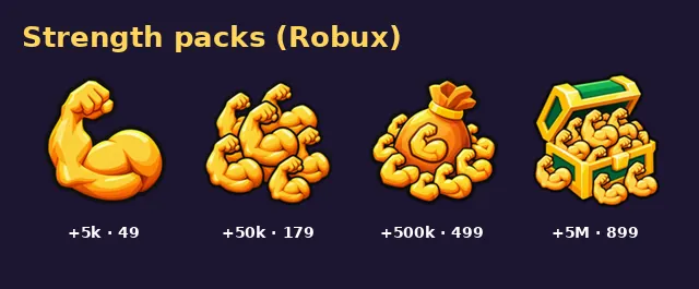 Store icons of the +5k, +50k, +500k and +5M Strength packs