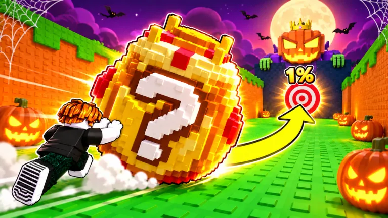 Giant golden lucky egg rolling toward a 1% target past pumpkins, Roll a Lucky Egg thumbnail