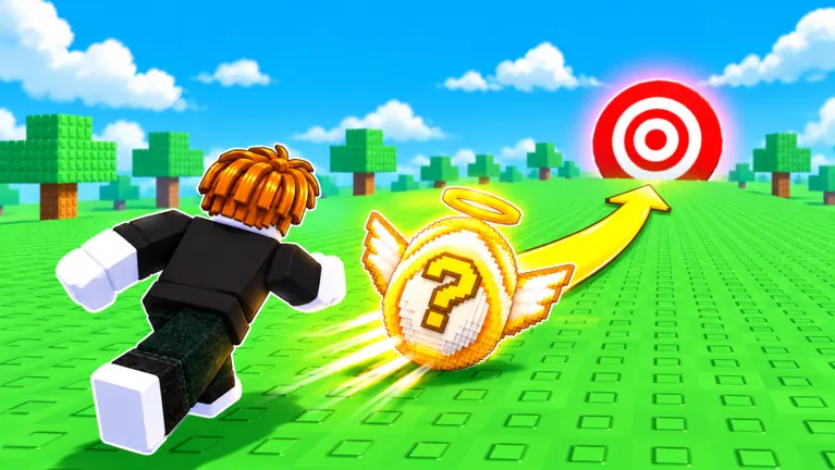 Winged golden lucky egg rolling across a green field toward a red target